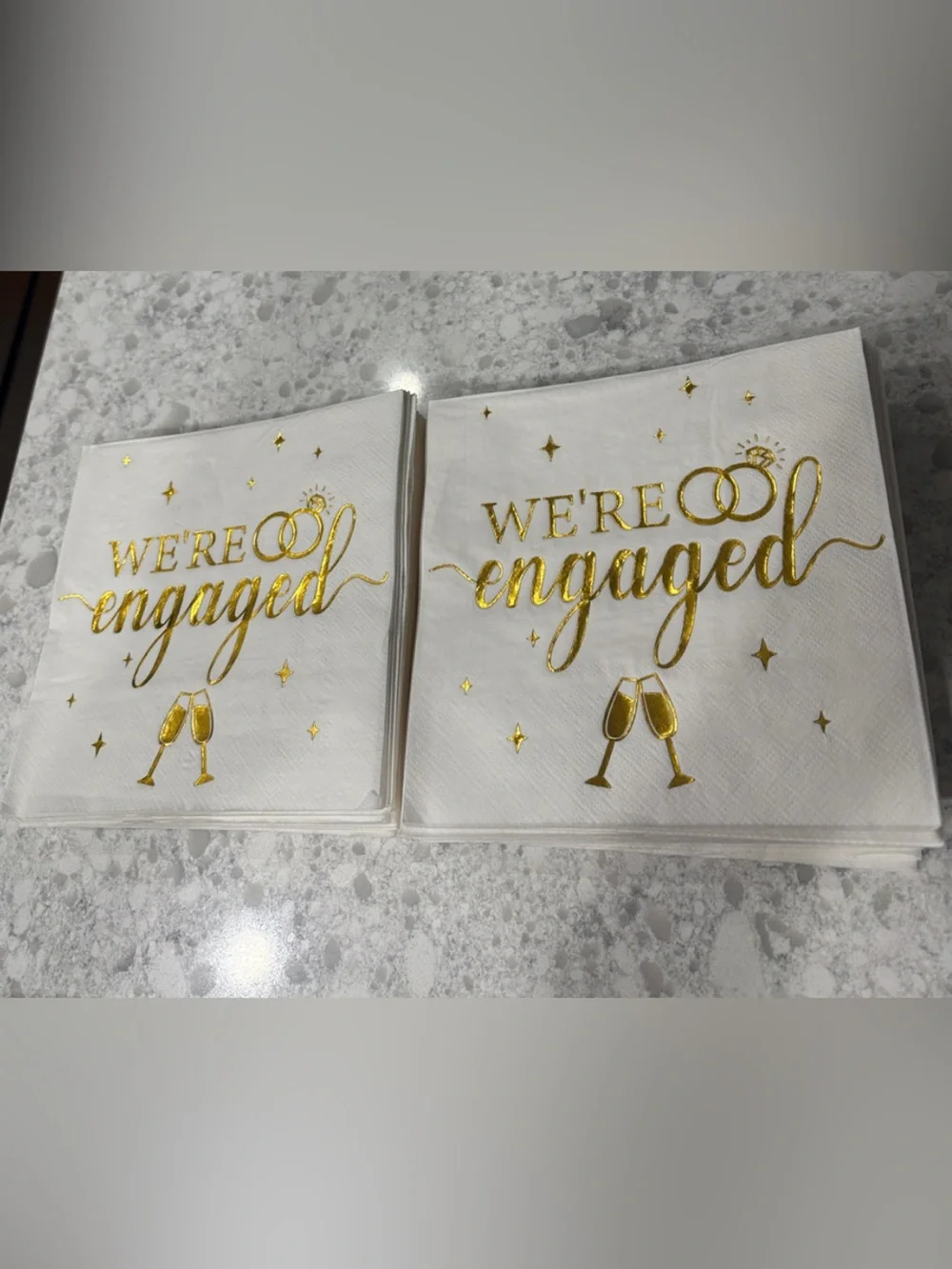 New set of 75 “We’re Engaged” gold foil print 6.5” x 6.5” white napkins 3-ply